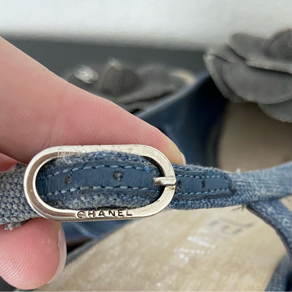 CHANEL Denim Camellia CC Logo Sandals Heels Open Toe Slingback 37.5 - Picture 8 of 16